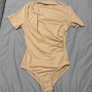 SHEIN Beige Short Sleeve Ruched One-Piece Bodysuit